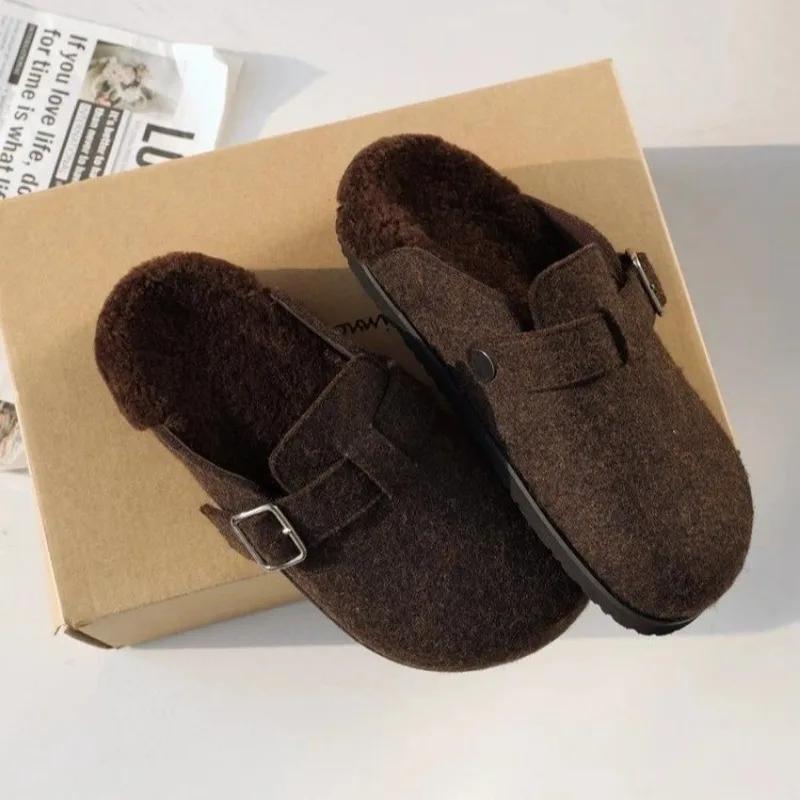 Winter Baotou Slippers Women's Round Head Deep Mouth Suede Belt Buckle Soft Sole Non-slip Wear-resistant Flat Shoes