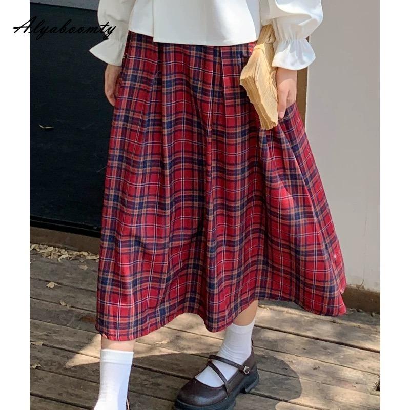 Japanese Mori Girl Spring Autumn Women Midi Skirt High Waist Burgundy Plaid Vintage Skirt Sweet Girl's Elegant Retro Skirts Womens