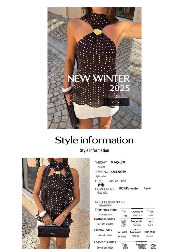 2026 Spring/Summer Retro Polka Dot Backless Sleeveless Chiffon Tank Top for Women