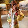 Print Linen Dress Plus Size Women Elegant Loose Lace Up V Neck Vintage Oil Painting Dress Summer Long Sleeves New Fashion High Waist Pastoral Style