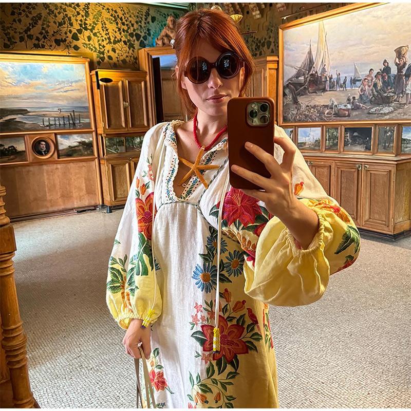 Print Linen Dress Plus Size Women Elegant Loose Lace Up V Neck Vintage Oil Painting Dress Summer Long Sleeves New Fashion High Waist Pastoral Style