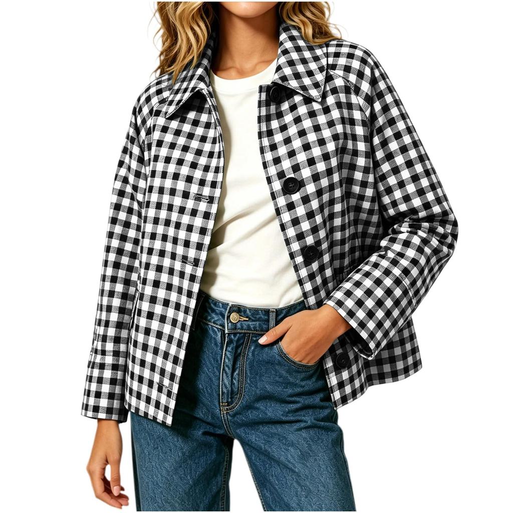 Women's Casual Long Sleeve Button-Up Plaid Jacket