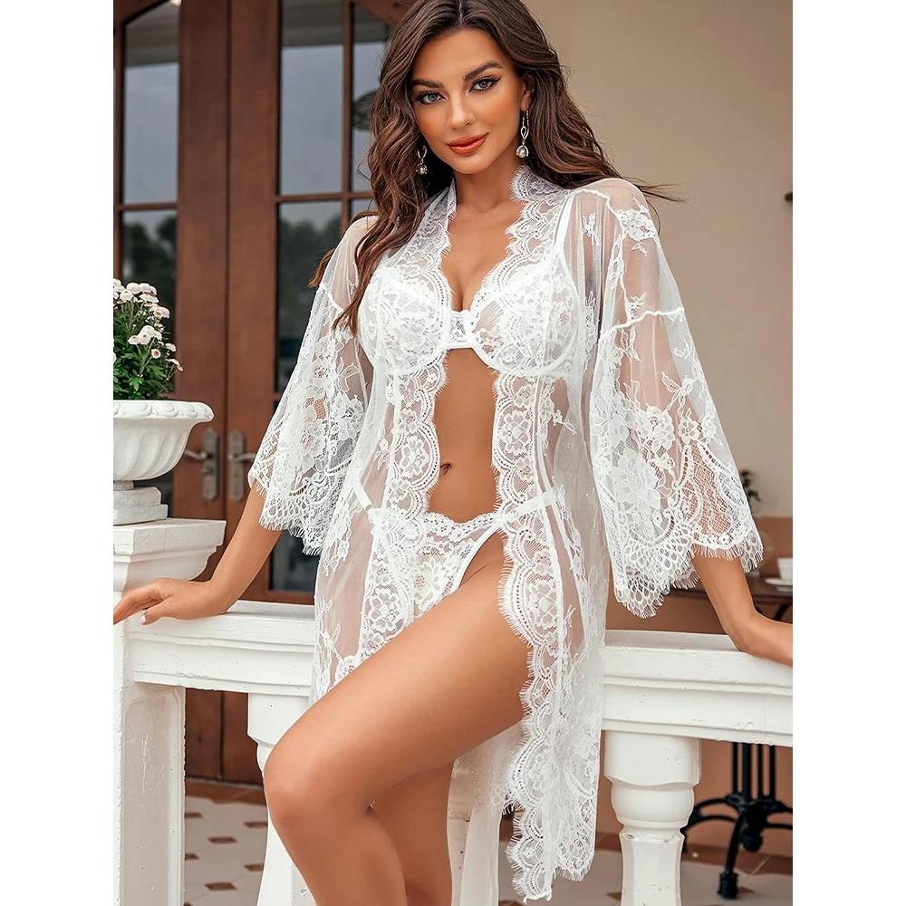 New Sexy Lace Transparent Ruffles Robe Women Lingerie See-Through Babydolls Underwear Sleepwear Night Dress Erotic Sex Clothes