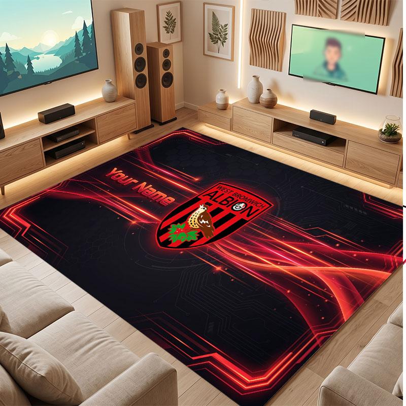 West Bromwich Albion Custom Crystal Velvet Rug, Personalized Name Text Print, Football Logo Soft Non‑Slip Floor Mat Home Decor Gift