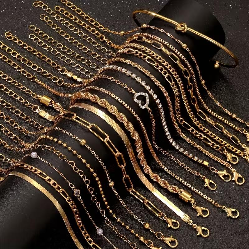 25 Stück/Set Personalisierter Multi-Element-Armreif mit dicker Linie, goldfarben, Herz, Perle, Zirkon, für Damen, täglicher Schmuck 2026