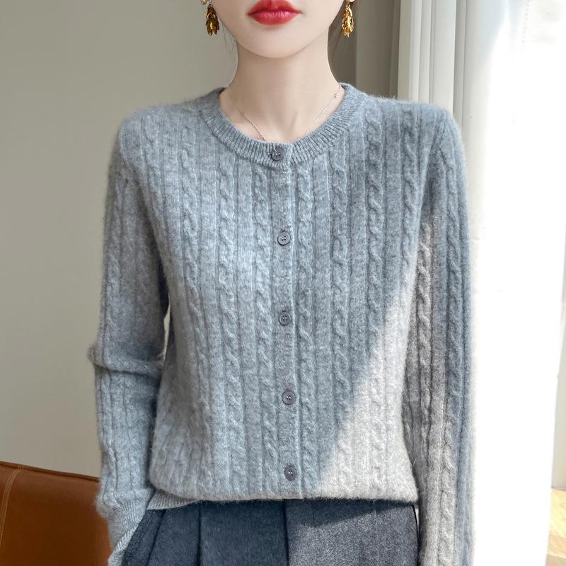 Dámský pletený kardigan s kulatým výstřihem Andy Cashmere Sweater Coat - Podzim 2025, Korejský styl