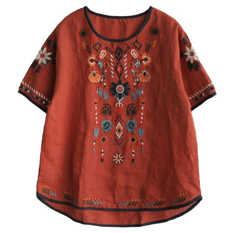 Cotton Linen Embroidered T-shirt Summer Retro Artistic Loose Versatile Pullover White Top for Women