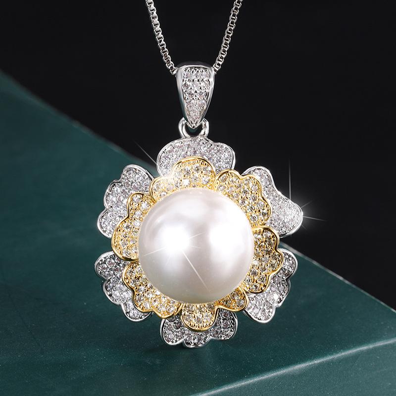 

Jewelry Inlaid Austrian Fritillary Pearl Gold-Plated Color-Separated Diamond-Set Flower Women S Pendant Necklace 14Mm