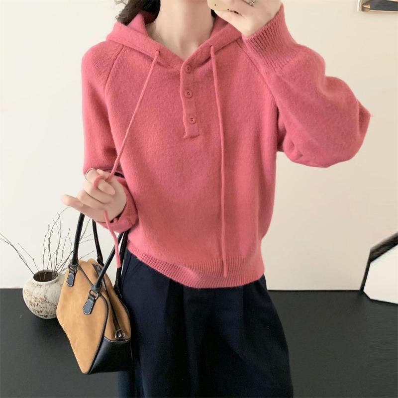 Casual High-end Pullover Sweater for Women's Outerwear Autumn and Winter New Loose Solid Color Hooded Short Knitted Top