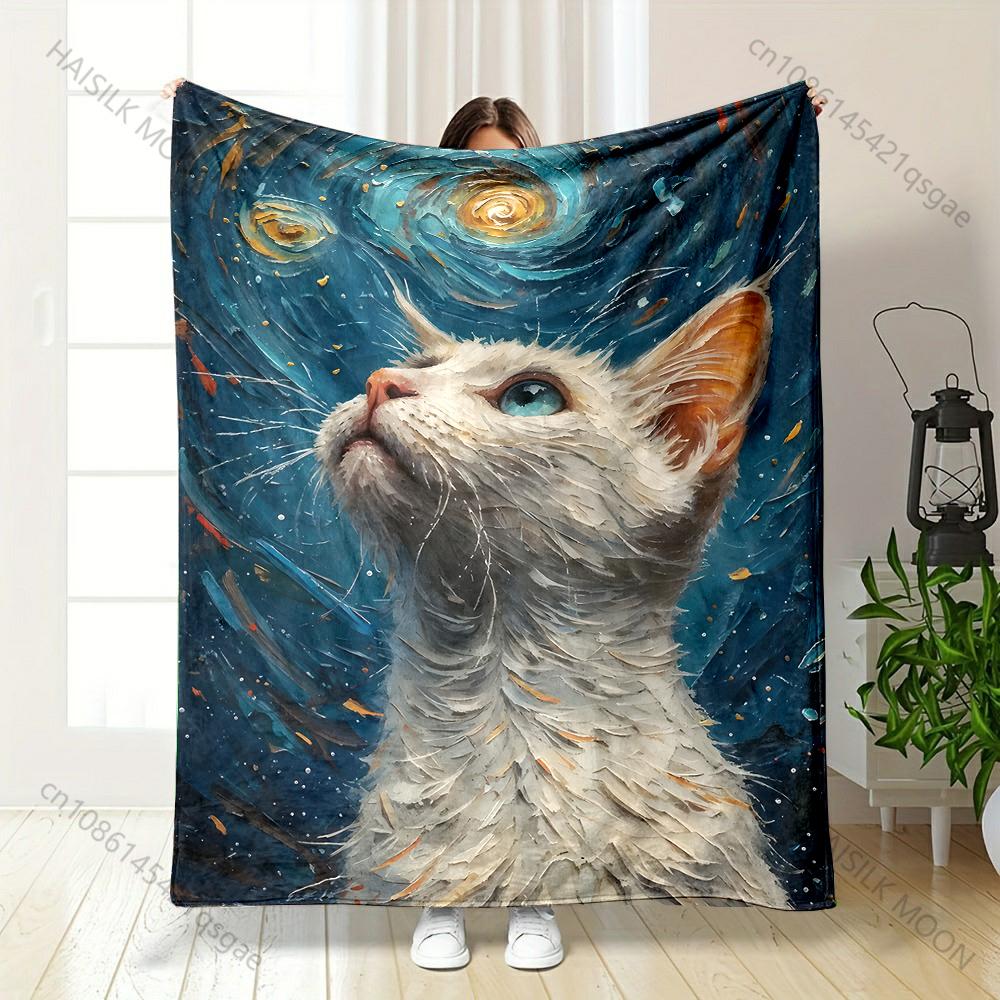 

1PC Cat stargazing oil painting style Print Adult Children Warm Blankets Home Travel Car Soft and Comfortable Luxury gifts 75x90cm