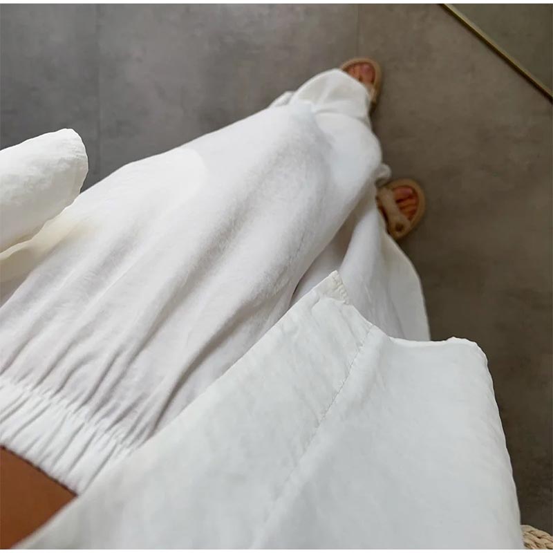 Cotton Linen Pants Suits Women 2-piece Set Loose V-neck Top with Elastic High Waist Wide Leg Pant No Pocket Commut Casual 2025 Spring Summer