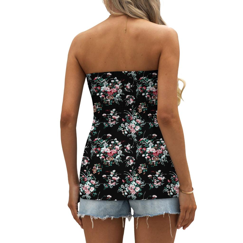 Damskie Topy Eleganckie Casualowe Bluzki Bez Rękawów Top Tube Dla Kobiet, Uroczy Seksowny T-shirt Bez Rękawów z Nadrukiem Odkrywający Ramiona