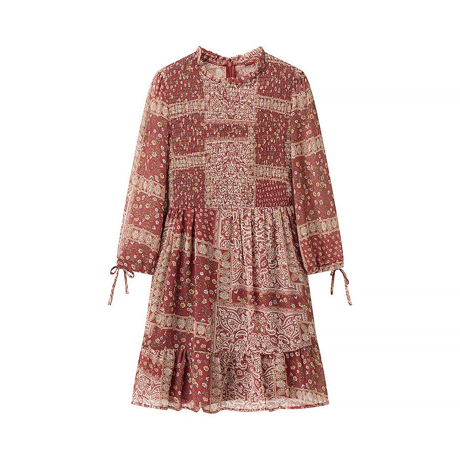 

Летнее двухцветное платье с рукавами-фонариками и бантом Medium вино красного