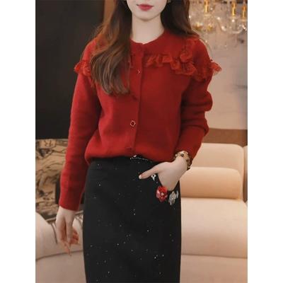 Autumn and Winter New Knitted Cardigan Short Sweater Jacket Design Sense Small Lace Edge Top Women