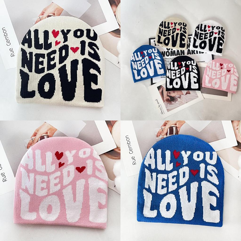 Simple Color Blocked Letter Heart Pattern Women Casual Warm Knitted Hat For Street Style Warmth