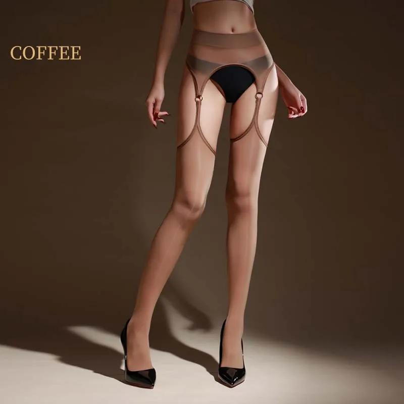 Sexy Dames Kousenbanden Ring Verbinding Kous Broekje Zonder Kruisje Sexy Olie Glanzend Doorzichtig Dienstmeisje Kousen Boven de Knie Kous