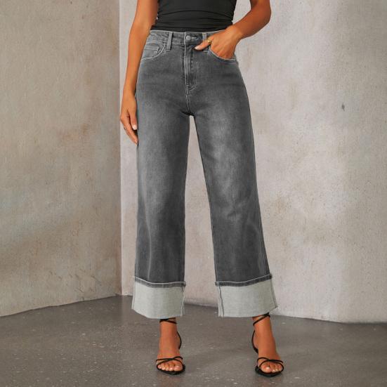 Damen Baggy Jeans High Waist Weites Bein Denim Hose Stretchiger Umschlagsaum Gerade Boyfriend Jeans mit Taschen