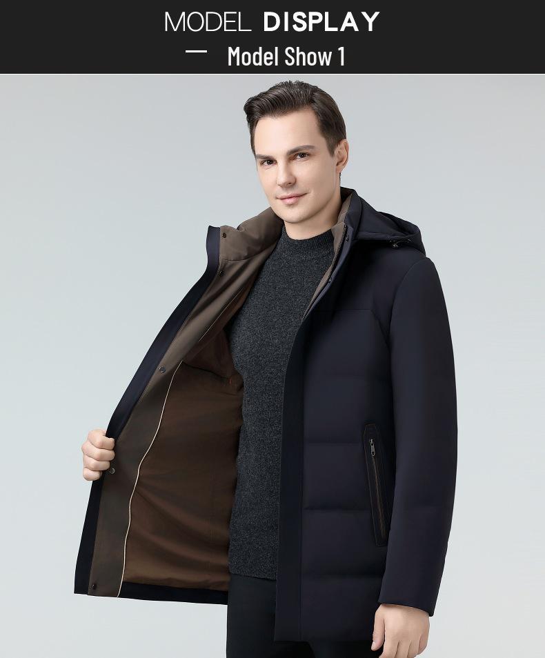 Men's Mid-Length Hooded Down Jacket - Winter Business Casual, Warm, Thick, for Middle-Aged Dads