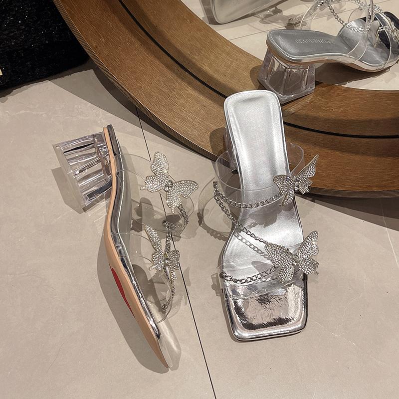 Summer Crystal Square Slippers Women's Fashion Square Head Open Toe Sequin Butterfly Knot Metal Chain Square Heels