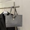 Blue White Gingham Canvas Tote Bag For Women Rope Toggle Closure Large Capacity Handbag Casual Shopping Bag For Commute Travel