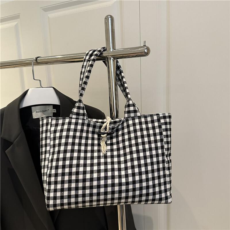 Blue White Gingham Canvas Tote Bag For Women Rope Toggle Closure Large Capacity Handbag Casual Shopping Bag For Commute Travel