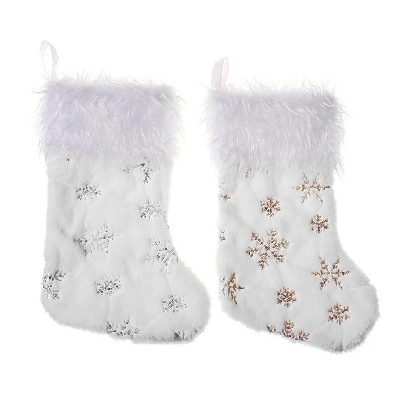 Luxurious Soft Plush Christmas Stockings Featuring Beautiful Gold And Silver Snowflake Designs