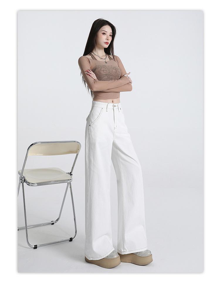 Women's White High-Waisted Wide-Leg Floor-Length Jeans - 2025 Autumn/Winter Loose Slimming Fit