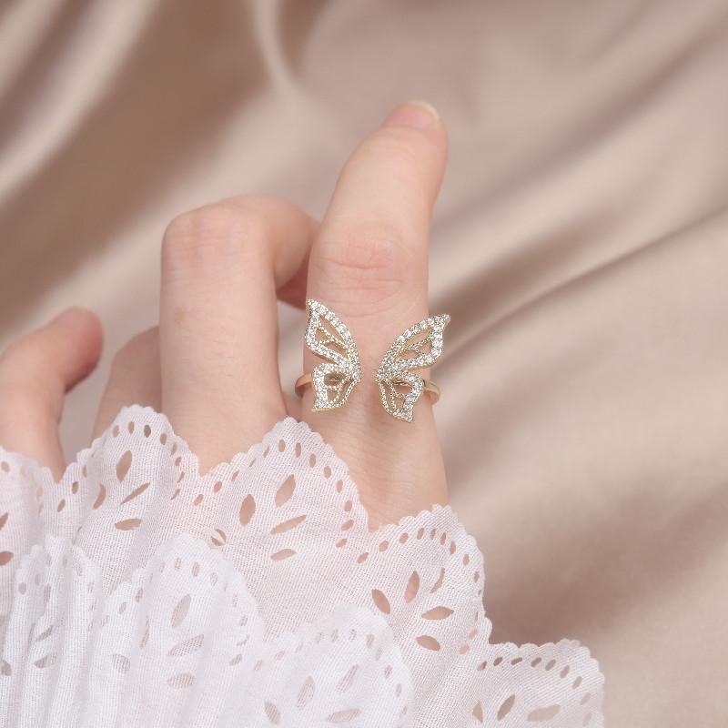 Korea  Design Fashion Jewelry 14K Real Gold plating Zircon Hollow Butterfly Ring Elegant Women's Daily Work Accessories