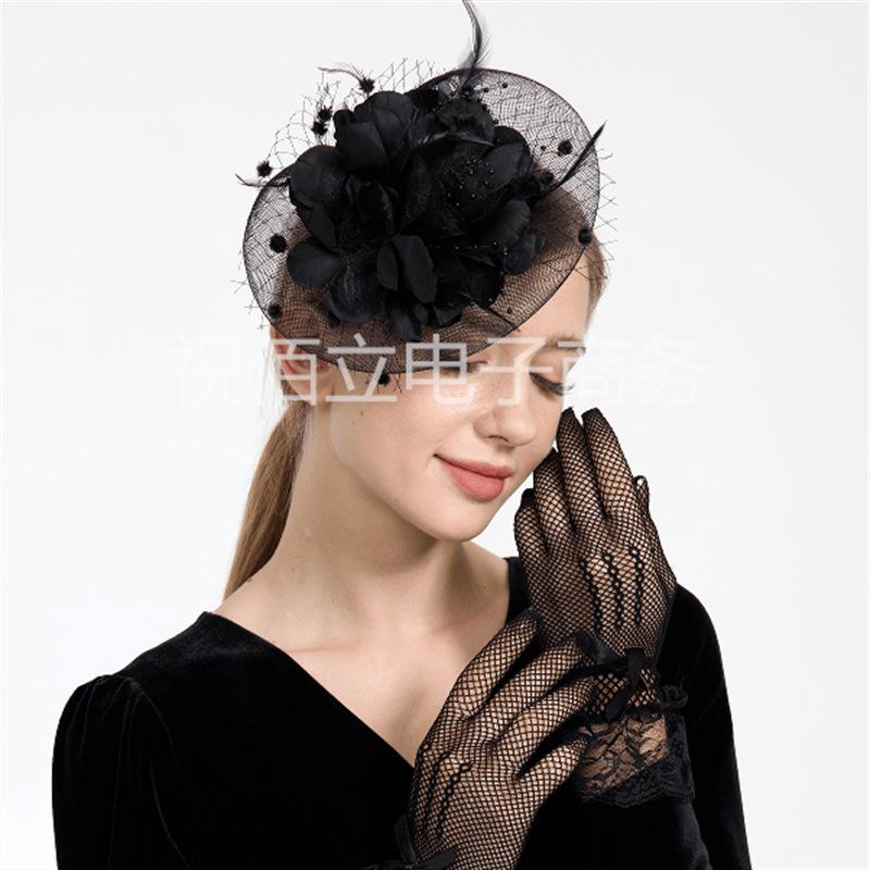 Head flower gloves set bridal retro mesh head flower feather lace hair accessories top hat temperament optimization headgear