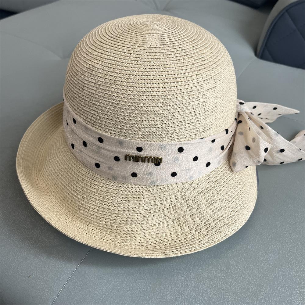

Элегантная соломенная шляпа с широкими полями и завитками, летняя солнцезащитная шляпа с длинным бантом в черно-белый горошек, женская модная дорожная шляпа от солнца Adult (55-58cm) бежевый