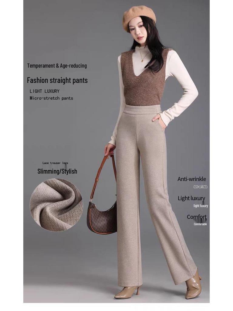 Pantalones de Lana de Cintura Alta con Terciopelo para Mujer Talla Grande - Gruesos, Adelgazantes, Corte Holgado para Otoño e Invierno