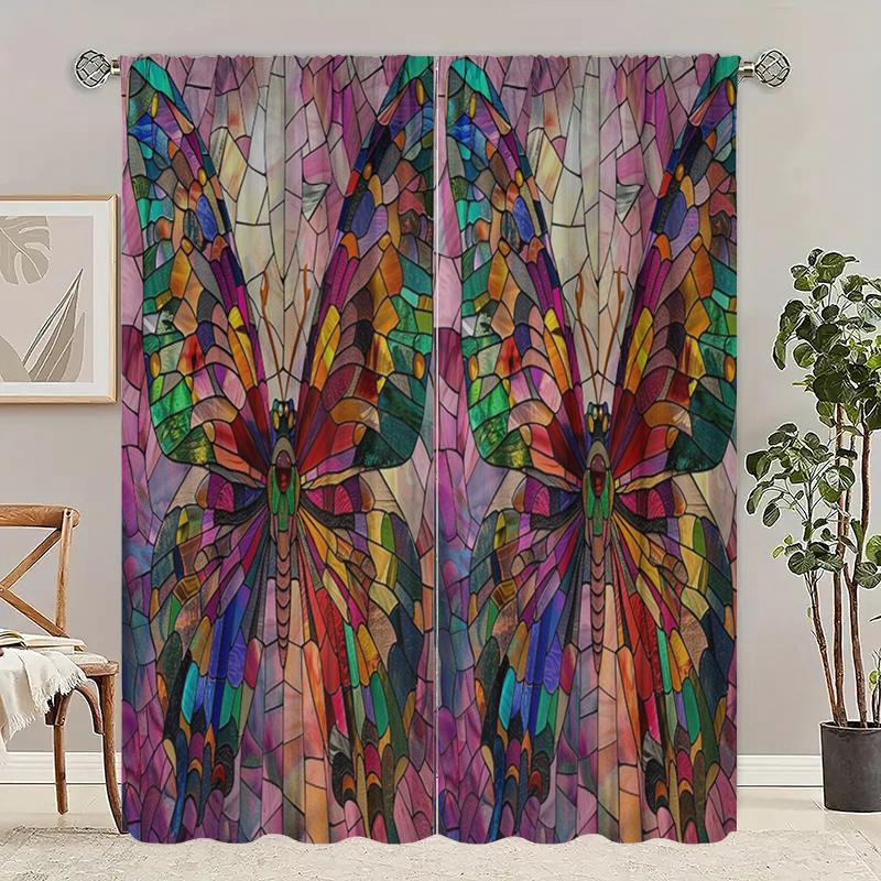 

2pcs- Bohemian butterfly polyester curtains, pole bag curtains 42*84, bedroom, living room, home room decoration 29Wx64L(75x166CM)x2