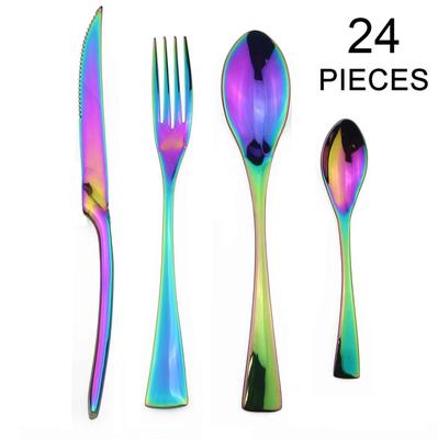 Food 24Pcs Flatware Set For 6 Rainbow Dinnerware 18/10 Stainless Steel Flatware Set Steak Knife Tableware Fork Spoon Teaspoon Cutlery Set