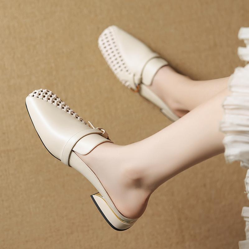 Fashion 2025 Summer New Women Shoes Genuine Leather Square Toe Women Sandals Hollow Out Sandals for Women Chunky Heel  Mules Slippers