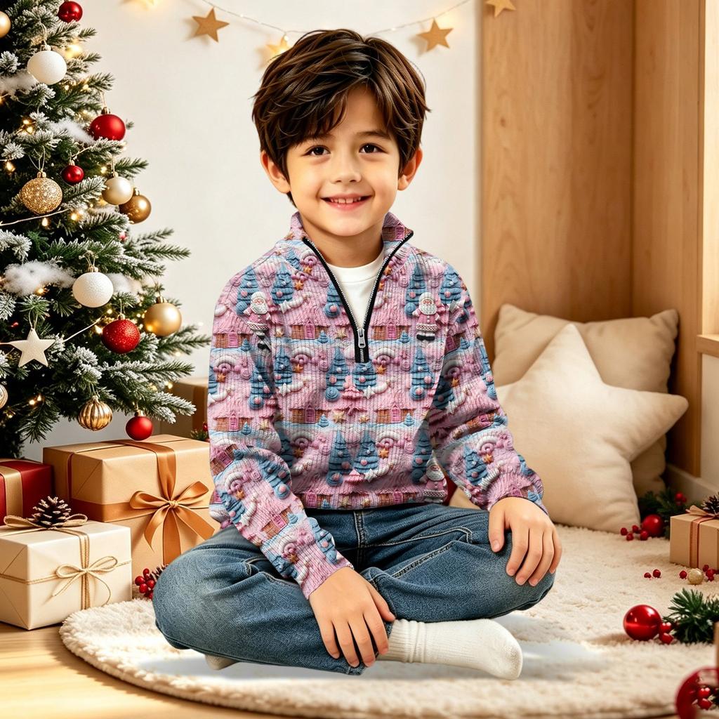 Children's Fashion - Quarter Zip-up Thick Needle Christmas Print Top