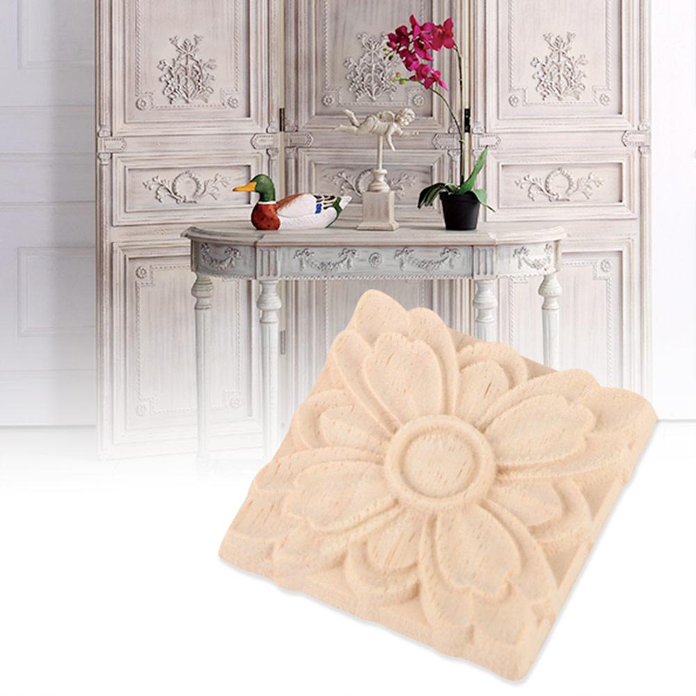 4Pcs Carved Flower Square Onlay Applique Door Cabinet Unpainted Furniture Decor(#2)