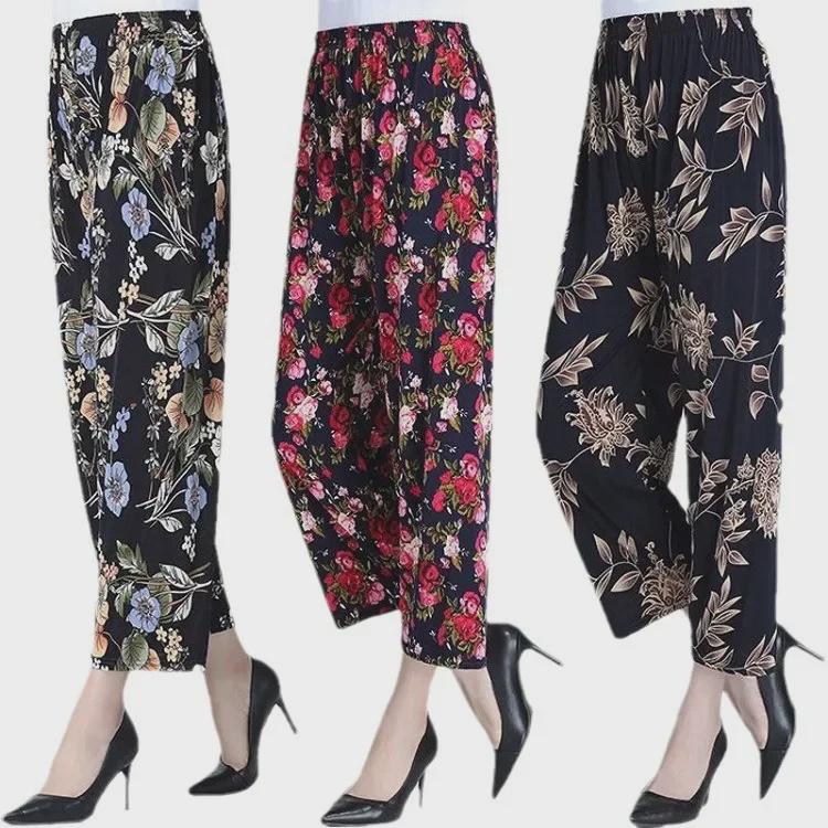 Chinese Summer Ice Silk High-Waist Floral Pants: Casual, Loose-Fit for Middle-Aged & Elderly Women