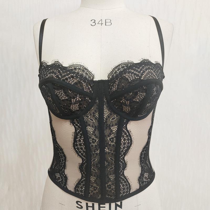 Damen Durchsichtiges Spitzenkorsett Cami-Oberteil, Spaghettiträger Bustier, Fischgräten Schlankmachendes Trägerloses Schlauchoberteil