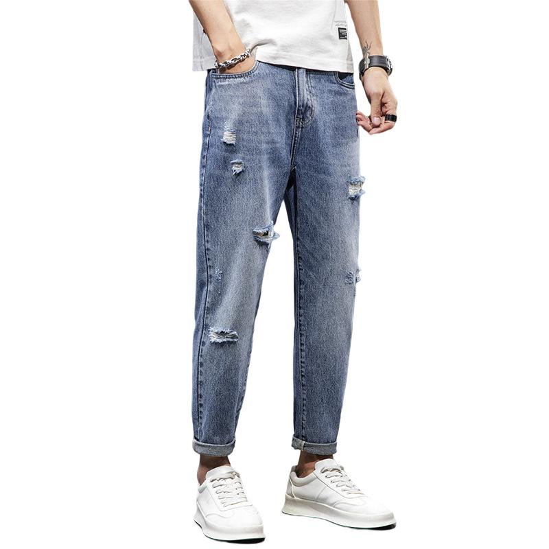 

Новые рваные джинсы мужские летние модные облегающие брюки длиной девять точек мужские универсальные повседневные прямые брюки 32