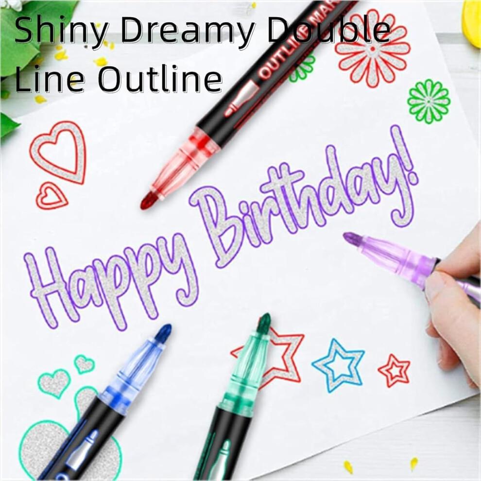Dreamy Sparkle Dual-Line Contour Pen, Double Line Super Squiggles Metallic Glitter Pens, Quick-Dry Ink Dual Line Contour Markers for Drawing
