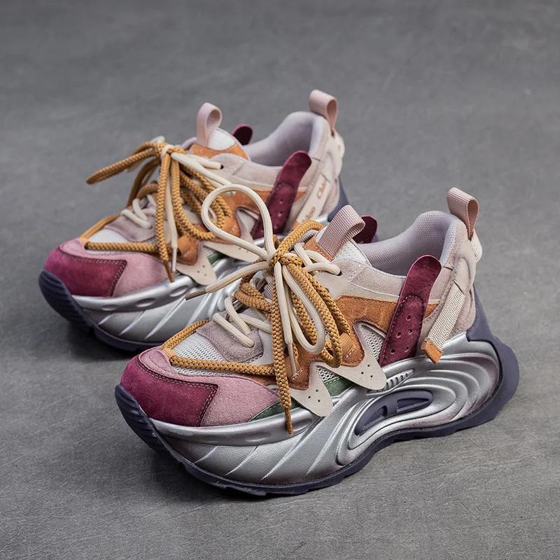 Fashion 6CM Spring Air Mesh Leather Pigskin Women Ankle Boots Flats Booties Mixed Color Fashion Chunky Sneaker Comfy Fall Summer Shoes