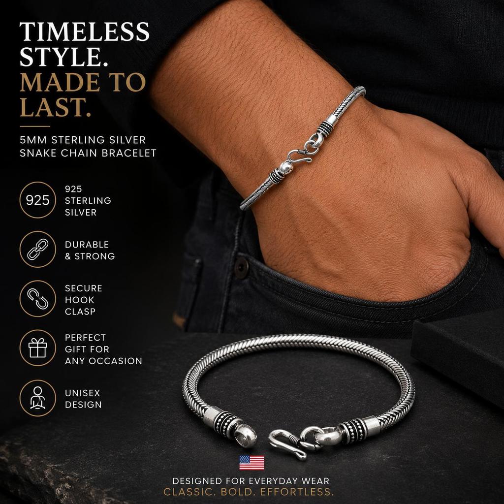 5 MM Vintage Zilveren Slangenhuid Ketting Armband voor Dames & Heren Handgemaakt Tribaal Boho Haak Sluiting Pols Sieraden Cadeau