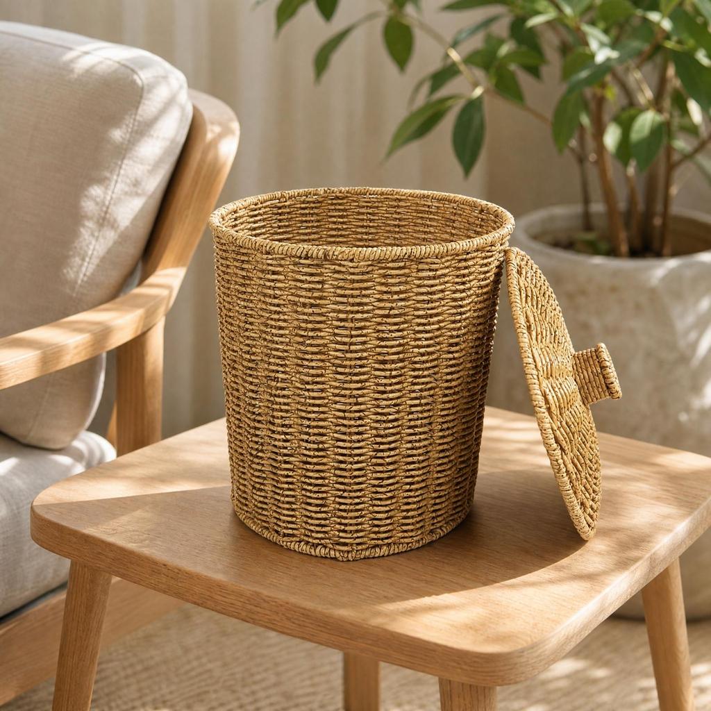 Woven Wastebasket Lightweight Cylindrical Tapered Waste Bin Decorative