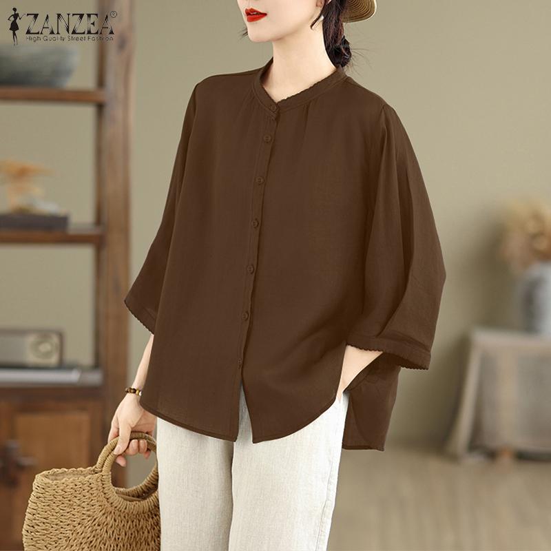 ZANZEA Women Casual Round Neck Solid Color Loose 3/4 Sleeve Blouse