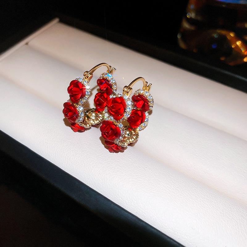 Korean Fashion Rose Flower Hoop Earrings for Women Luxurious Sparkling Zircon Circle Drop Earrings Party Ear Jewelry Accesories