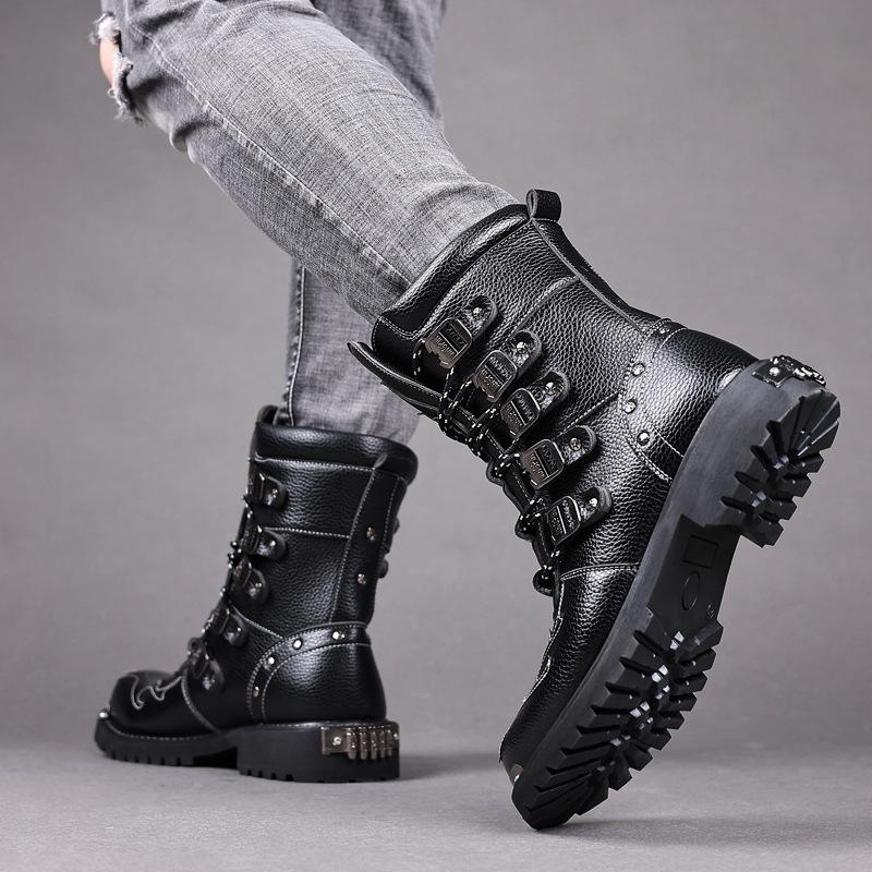 Men's Mid-Calf Martin Boots - High-Top British Style Leather Motorcycle Riding Fashion Boots