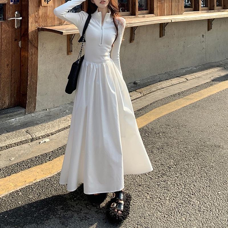 French Hepburn Style Long Sleeve Square Neck Dress for Women - Autumn High-End Inner Layer Long Skirt
