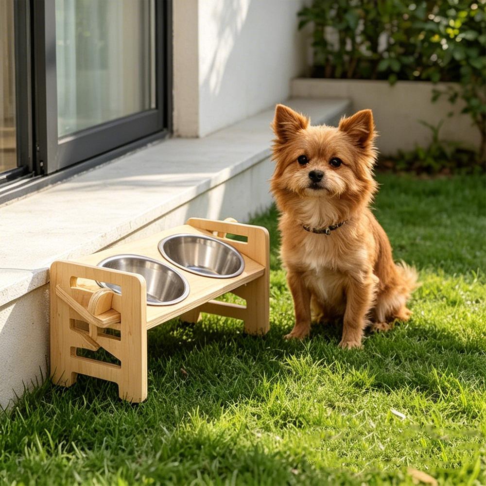 Wooden Cat Dog Bowls Double Stainless Steel Food Water Feeder Neck Protection Raised Stand Pet Feeding Dishes for Small Pets