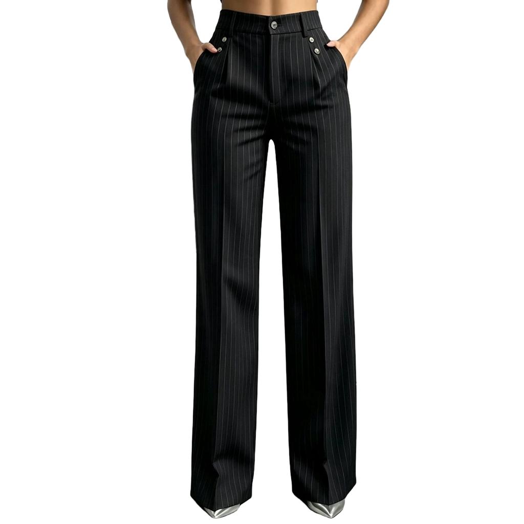 Women's Striped Loose Fit Straight Leg Dress Pants with Pockets and Button Closure for Casual and Wear