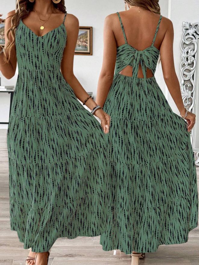 Cross-Border Women s Resort Style Spaghetti Strap Dress 2025 - European & American Casual Striped Print Long Dress for Spring/Summer S зелёный